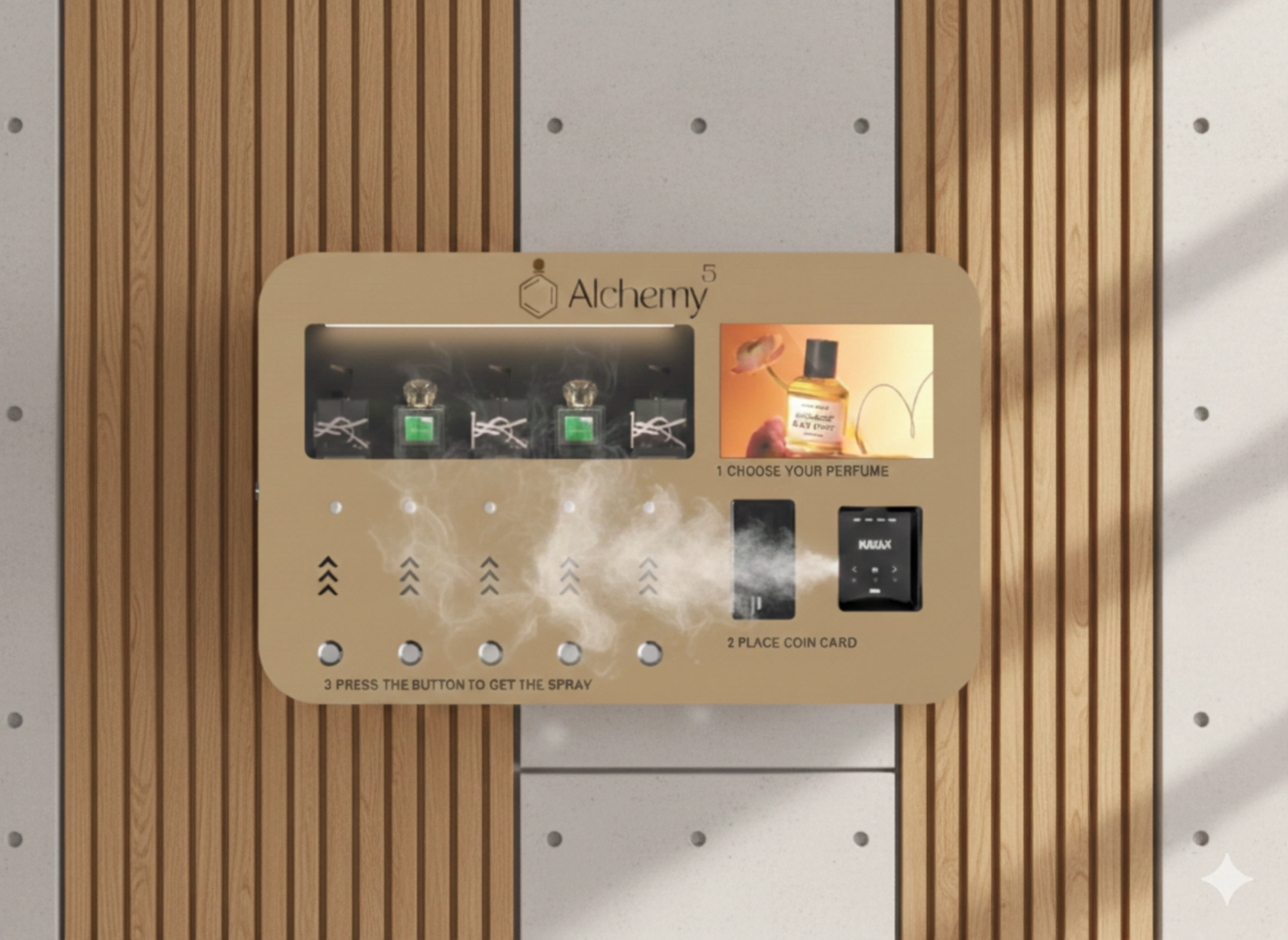 The Alchemy 5 champagne-gold fragrance kiosk