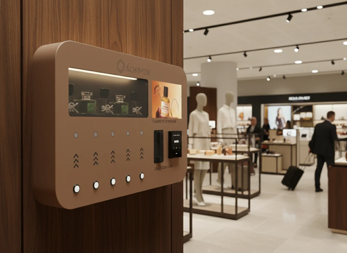 Alchemy 5 champagne-gold fragrance kiosk installed in a premium venue